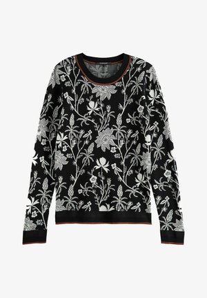 Schwarzer Strickpullover mit weißer Blumenstickerei, Rundhals und kontrastierendem orangem Saum am Halsausschnitt und unteren Saum.