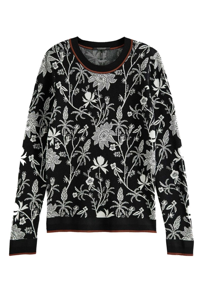 Sort strikket sweater med hvid blomsterbroderi, rundt halsudskæring og kontrasterende orange kant ved halsudskæringen og forneden.