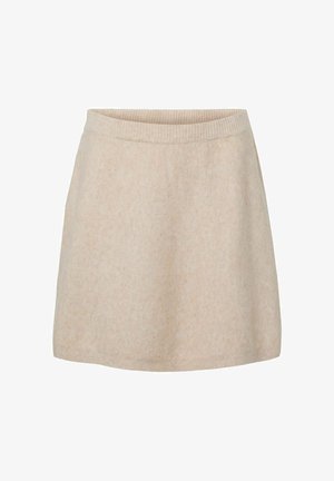 Beige nederdel lavet af blødt stof, der har en tætsiddende talje og en A-formet silhuet. Teksturen er glat med subtile farvevariationer.