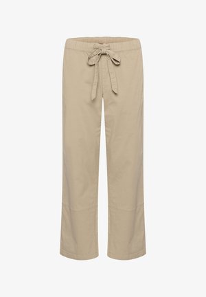 Beez värvi laiade jalgadega püksid, millel on elastne vöökoht ja esiosa sidumisdetail. Valmistatud kergest puuvillast, millel on sile tekstuur.