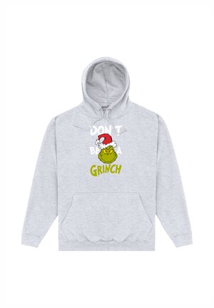 Felpa grigia con cappuccio e tasca frontale. Presenta una grafica del Grinch che indossa un cappello da Babbo Natale e la scritta "NON ESSERE UN GRINCH" in giallo.