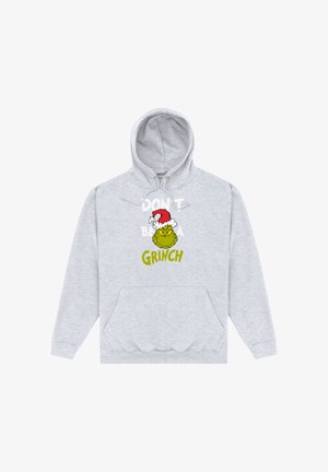Felpa grigia con cappuccio e tasca frontale. Presenta una grafica del Grinch che indossa un cappello da Babbo Natale e la scritta "NON ESSERE UN GRINCH" in giallo.