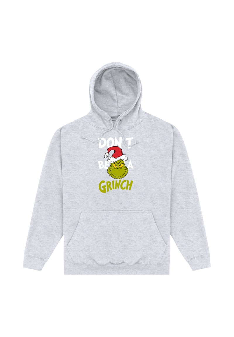 Felpa grigia con cappuccio e tasca frontale. Presenta una grafica del Grinch che indossa un cappello da Babbo Natale e la scritta "NON ESSERE UN GRINCH" in giallo.