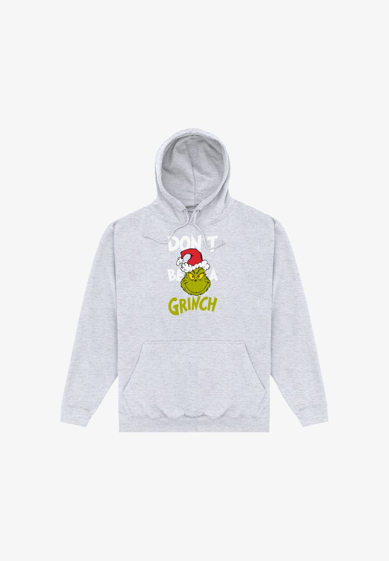 Felpa grigia con cappuccio e tasca frontale. Presenta una grafica del Grinch che indossa un cappello da Babbo Natale e la scritta "NON ESSERE UN GRINCH" in giallo.