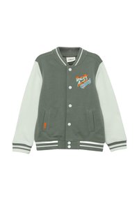 Grüne und hellgraue Collegejacke aus weichem Stoff, mit gestickten Buchstaben, zwei Seitentaschen sowie einem gerippten Kragen und Bündchen.