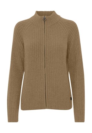 Maglione in maglia a coste marrone con colletto alto, zip frontale completa e un piccolo logo decorativo vicino all'orlo. Tessuto morbido e design aderente.