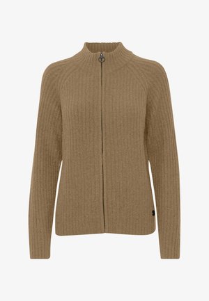 Pruun ribareline kudumisel särk kõrge kraega, täispika lukuga ja väikese dekoratiivse logoga hemmi lähedal. Pehme tekstuur ja nägus disain.