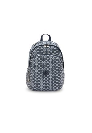 Navy blue backpack with geometric gray pattern, zippered compartments, and a circular logo on the front. Textured fabric and adjustable straps.
