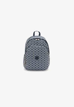 Navy blue backpack with geometric gray pattern, zippered compartments, and a circular logo on the front. Textured fabric and adjustable straps.