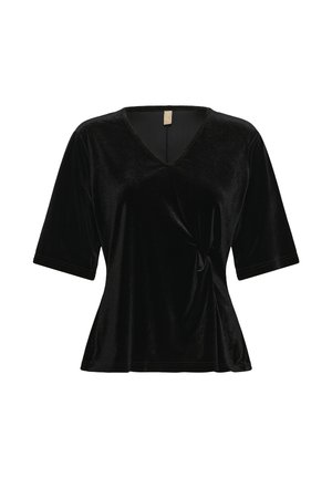 Haut en velours noir à manches courtes, décolleté en V et détail froncé à la taille. Texture douce, coupe décontractée et surface lisse.