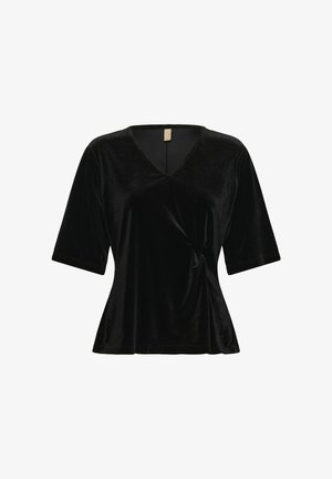 Haut en velours noir à manches courtes, décolleté en V et détail froncé à la taille. Texture douce, coupe décontractée et surface lisse.