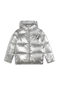 Giacca a piumino argento con cappuccio, dotata di chiusura a zip completa, design trapuntato e materiale lucido e riflettente. Tessuto morbido e maniche larghe.