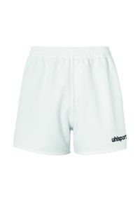 Witte sportieve shorts met een elastische tailleband, met een zachte textuur en een zwart "uhlsport" logo aan de onderzijde links.