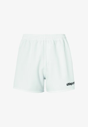 Witte sportieve shorts met een elastische tailleband, met een zachte textuur en een zwart "uhlsport" logo aan de onderzijde links.