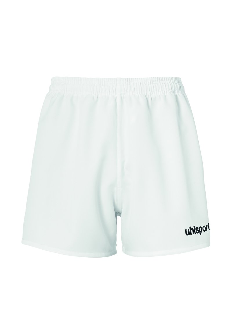 Witte sportieve shorts met een elastische tailleband, met een zachte textuur en een zwart "uhlsport" logo aan de onderzijde links.