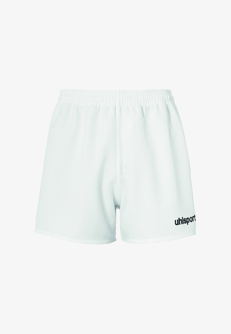 Weiße Sportshorts mit elastischem Bund, weichem Material und einem schwarzen "uhlsport"-Logo auf der unteren linken Seite.