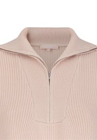 Helle rosa Zip-Up-Pullover mit gerippter Textur, hohem Kragen und einem Logosticker. Verfügt über einen Viertelreißverschluss und einen lockeren Schnitt.