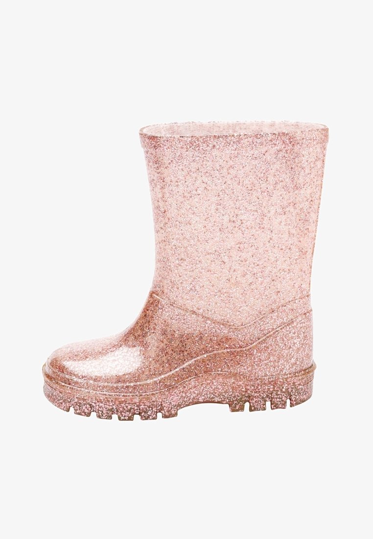 Botte de pluie en caoutchouc rose pailletée, hauteur mi-mollet, surface texturée, semelle robuste et bout arrondi. Légère et imperméable.