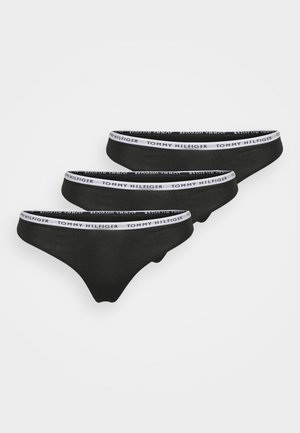 Black cotton bikini briefs with a white waistband featuring "TOMMY HILFIGER" logo. Includes three pairs, seamless design, and medium-rise.