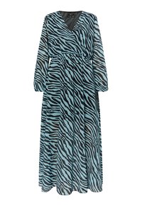 Maxi dress in tessuto trasparente con motivo a zebra blu e nero. Maniche lunghe, scollo a V e vita elastica con dettagli arricciati.