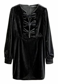 Schwarzes Samtkleid mit hohem Ausschnitt, langen puffärmel und drei Stoffschleifen sowie einem Reißverschluss hinten.