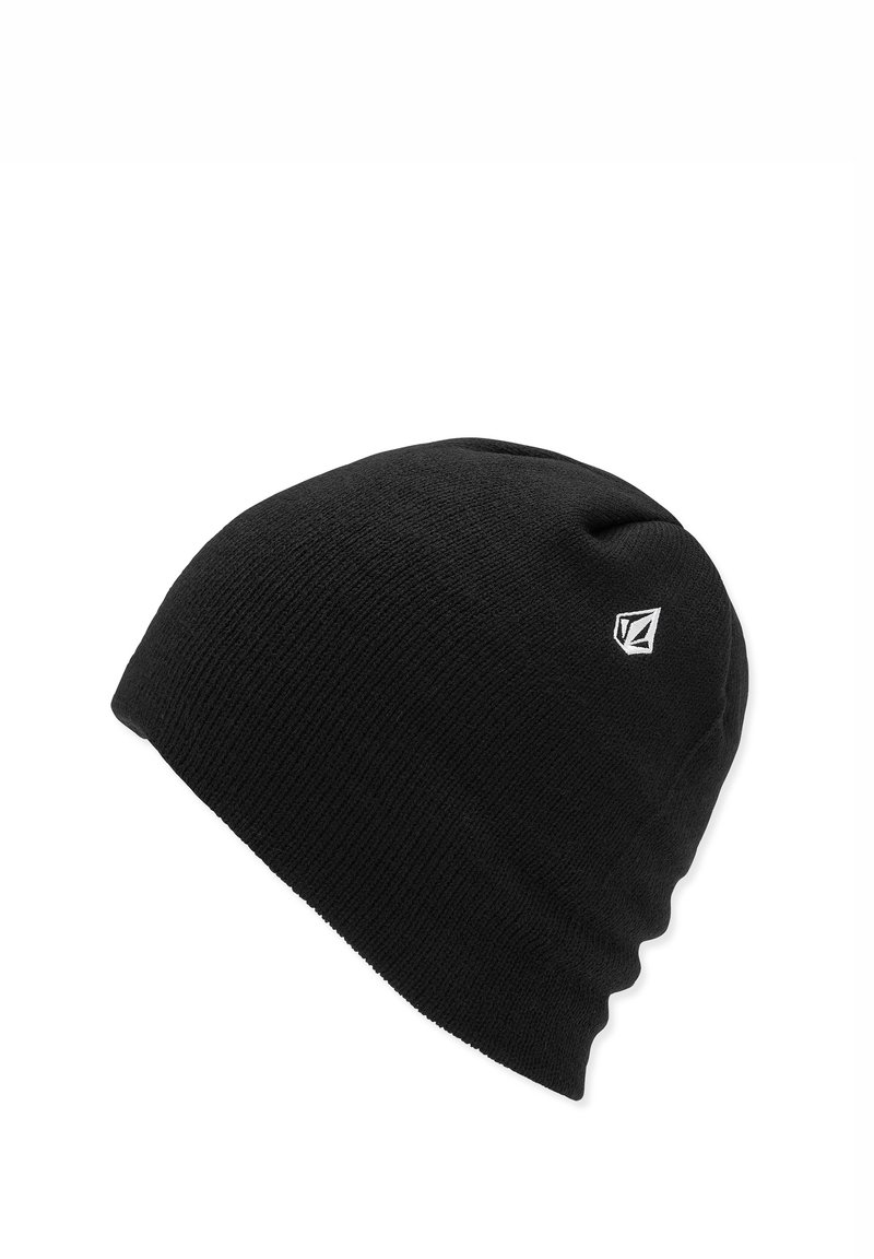 Bonnet en maille noir avec un petit logo géométrique blanc sur le côté, présenté sur un fond blanc.