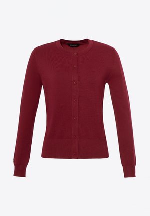 Burgundský cardigan, pletený materiál, dlouhé rukávy, kulatý výstřih, zapínání na knoflíky, žebrované manžety a lem, hladká textura, přiléhavý tvar.