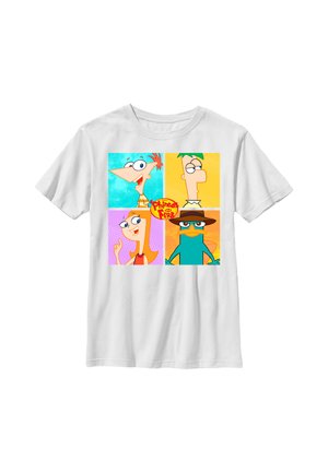 Wit T-shirt met vier kleurrijke vierkanten waarop de tekenfilmfiguren Phineas, Ferb, Candace en Perry het vogelbekdier staan afgebeeld met het logo van de show in het midden.