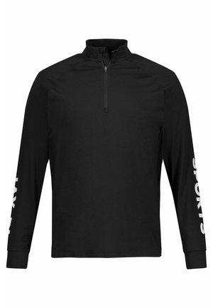 Černý dlouhý rukáv top s polovičním zipem, se bílým textem "SPORTS" na levém rukávu a hladkým, lehkým materiálem.
