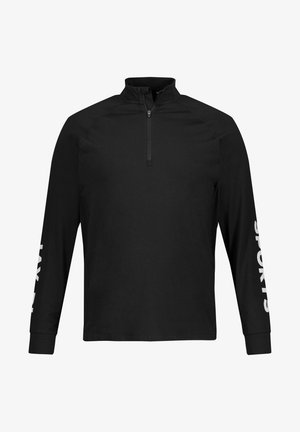 Top nero a maniche lunghe con collo a mezza zip, caratterizzato da testo bianco "SPORTS" sulla manica sinistra e tessuto liscio e leggero.