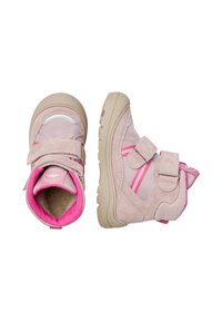 Stivali alla caviglia viola e rosa con elementi in suede e rete, due cinturini in Velcro e una suola in gomma strutturata per una buona presa.