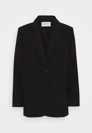 Black blazer made of smooth fabric, featuring a single button closure, notched lapels, and two front pockets. Minimalist design with a relaxed fit.