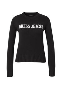 Maglione nero a maglia con maniche lunghe, texture a coste e logo "GUESS JEANS" bianco sul davanti. Design a girocollo.