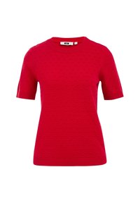 Röd kortärmad tröja med en strukturerad mönster, rund halsringning och ribbade muddarna samt nederkant. Tillverkad av ett fint stickat material.