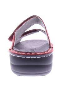 Red and gray slide sandal with two adjustable straps, textured insole, and a thick black sole. Stitched detailing along the edges.