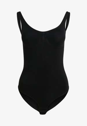 Črn bodi iz gladkega materiala; ima tanke naramnice, okrogel izrez in pritisni gumb na dnu. Teksturirana plošča na dekolteju.