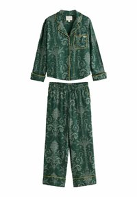 Zelený vzorovaný pyžamový set pozostávajúci z trička s dlhým rukávom a vreckom a nohavíc. Zlaté lemovanie zvýrazňuje kvetinový dizajn na saténovom materiáli.