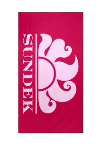 Asciugamano rosa con un grande motivo floreale bianco e la parola "SUNDEK" in carattere grassetto, con una consistenza liscia e morbida.