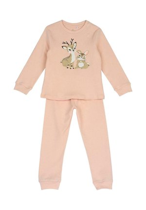 Ensemble enfant rose clair à manches longues avec haut et pantalon, motif dessin animé de cerf et lapin sur la poitrine.