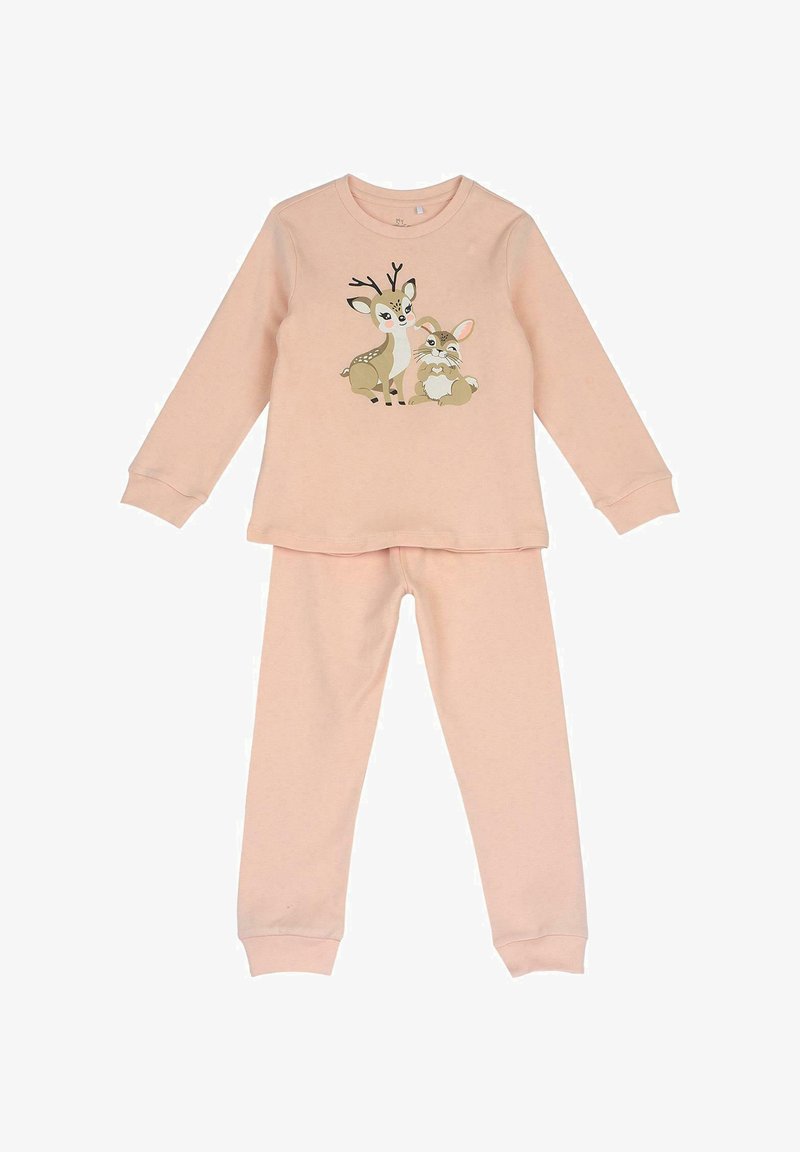 Ensemble enfant rose clair à manches longues avec haut et pantalon, motif dessin animé de cerf et lapin sur la poitrine.