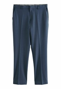 Pantalons habillés bleu foncé avec une texture lisse, présentant une coupe ajustée, des passants de ceinture, des poches avant et un pli subtil le long de chaque jambe.