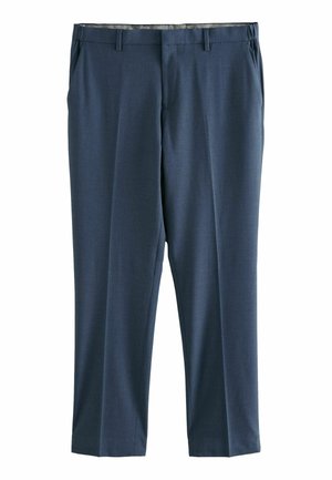 Pantalons habillés bleu foncé avec une texture lisse, présentant une coupe ajustée, des passants de ceinture, des poches avant et un pli subtil le long de chaque jambe.