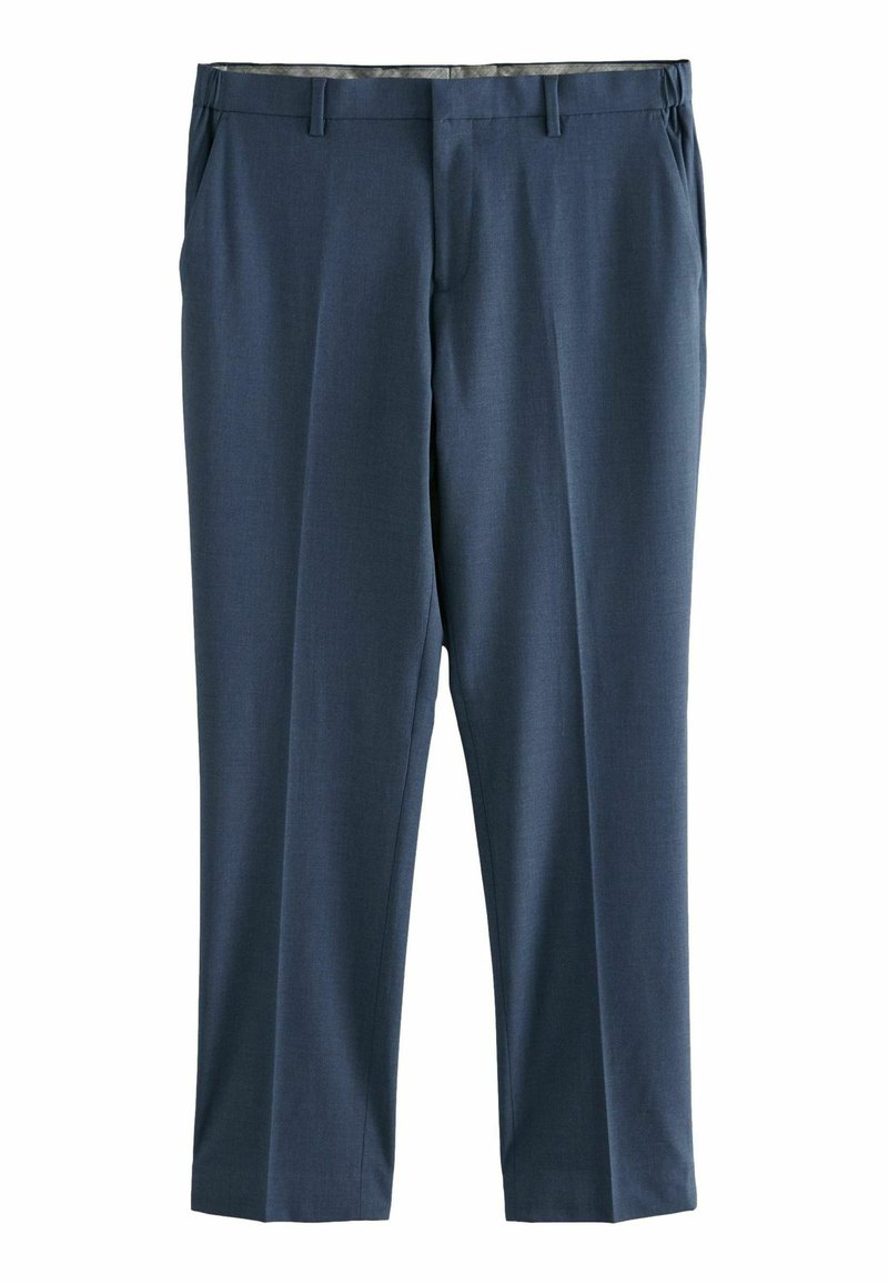 Pantalons habillés bleu foncé avec une texture lisse, présentant une coupe ajustée, des passants de ceinture, des poches avant et un pli subtil le long de chaque jambe.