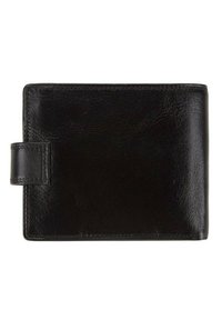 Portefeuille en cuir noir avec une texture lisse, de forme rectangulaire, et une fermeture à rabat sur le côté gauche. Design minimaliste sans motifs visibles.