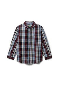 Camicia button-up a maniche lunghe con motivo a quadri blu, rosso e beige e un piccolo logo ricamato sul petto.