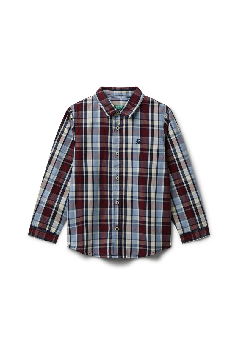 Camicia button-up a maniche lunghe con motivo a quadri blu, rosso e beige e un piccolo logo ricamato sul petto.