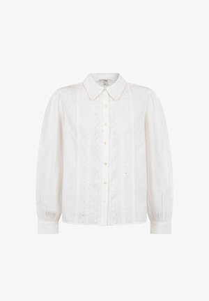 Weißes Hemd mit Knöpfen aus leichtem Stoff. Verfügt über gestickte Akzente, vertikale Spitzenpaneele und gepuffte Ärmel mit Knopfdetails.