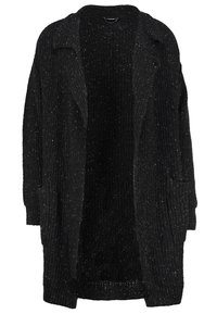 Černý dlouhý kardigan vyrobený z žebrované pleteniny, s otevřeným předním dílem, uvolněným střihem a dvěma bočními kapsami s jemným texturovaným vzorem.