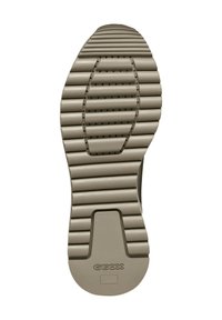Semelle de chaussure en caoutchouc couleur brun clair avec des rainures horizontales et des perforations circulaires. Présente un motif géométrique et un logo de marque.