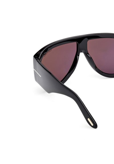 Black sunglasses with a geometric frame, dark purple lenses, shiny finish, and subtle metal accents on the sides.